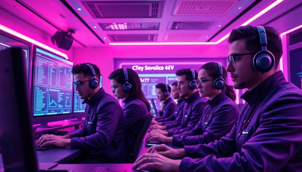 A 24/7 support team of DevOps engineers, dressed in sleek, futuristic uniforms, working diligently in a high-tech command center. The room is bathed in a warm, royal purple (color code #7955a3) glow, with large holographic displays and advanced monitoring equipment. The engineers are intently focused, their faces lit by the soft, ambient lighting, as they collaborate to ensure seamless, round-the-clock service. The overall atmosphere conveys a sense of efficiency, professionalism, and unwavering commitment to the task at hand.