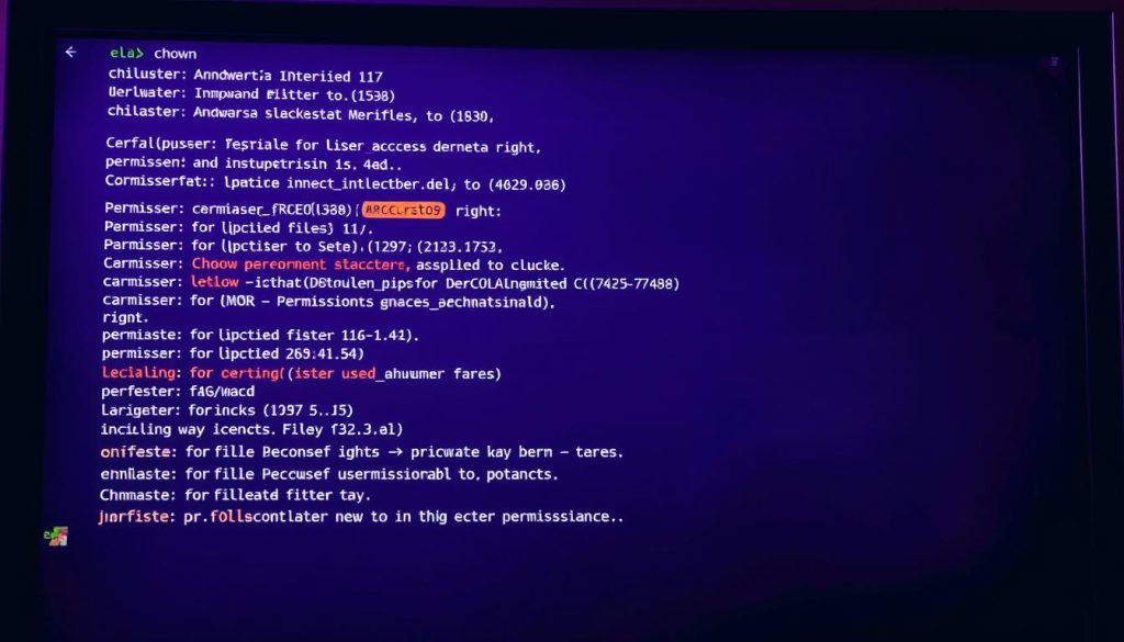 A Linux server terminal interface showcasing the commands "chown" and "chmod" against a backdrop of a royal purple (color code #7955a3) environment. The foreground depicts a frustrated system administrator attempting to troubleshoot permission-related issues, with error messages and file system elements prominently displayed. The middle ground features a diverse array of Linux icons, folders, and technical details, hinting at the complexities of managing user access rights. The background sets a somber tone, with a dimly lit atmosphere and subtle shadows emphasizing the challenges of resolving "Permission Denied" errors during the deployment process.