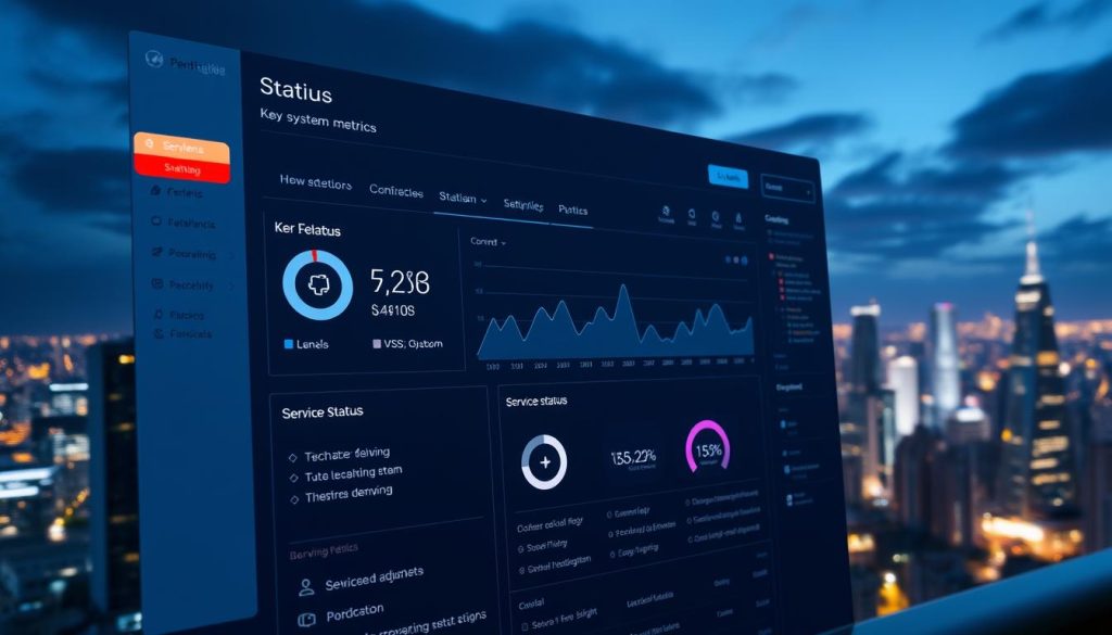 A beautifully designed status page with a sleek, modern interface showcasing key system metrics and service updates. The foreground features elegant data visualizations and service status indicators, presented in a clean, minimalist style. The middle ground depicts a serene cityscape backdrop, with skyscrapers and a vibrant night sky creating a sense of urban sophistication. Soft lighting illuminates the page, conveying a professional and trustworthy atmosphere. The camera angle is slightly elevated, providing an expansive view of the status page and the cityscape beyond. The overall composition strikes a balance between functionality and aesthetics, reflecting the importance of both in crafting an effective and visually appealing status page.