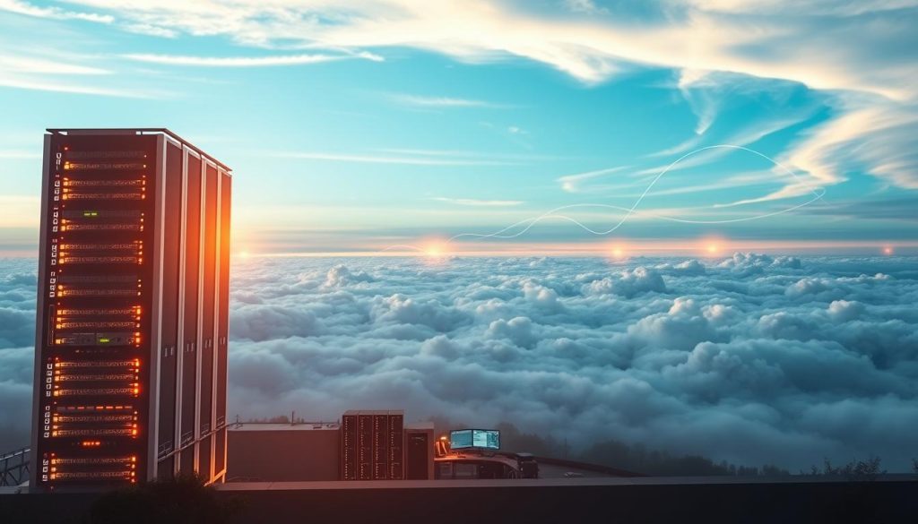 A breathtaking landscape showcasing the benefits of IaaS (Infrastructure as a Service). In the foreground, a modern data center stands tall, its sleek servers and cooling systems gleaming under a soft, warm lighting. The middle ground features a team of IT professionals monitoring the systems, their faces illuminated by the glow of digital displays. In the background, a vast, cloud-filled sky symbolizes the scalability and flexibility of IaaS, with wispy tendrils of data weaving through the scene. The overall atmosphere conveys a sense of efficiency, reliability, and technological progress, capturing the essence of the advantages of IaaS in a visually compelling manner.