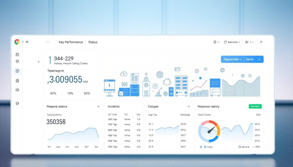 A bright, modern status page displaying key performance metrics and incident details. The foreground features a sleek, minimalist dashboard with clean typography, charts, and indicators showcasing uptime, response times, and other vital system statistics. The middle ground depicts various device icons, network diagrams, and server racks, conveying the technological infrastructure powering the service. The background is a subtly textured gradient, evoking a sense of digital sophistication. The overall composition radiates a sense of transparency, reliability, and reassurance - essential qualities of an effective status page. Crisp lighting, a wide-angle perspective, and a sophisticated color palette lend the image a professional, enterprise-grade aesthetic.
