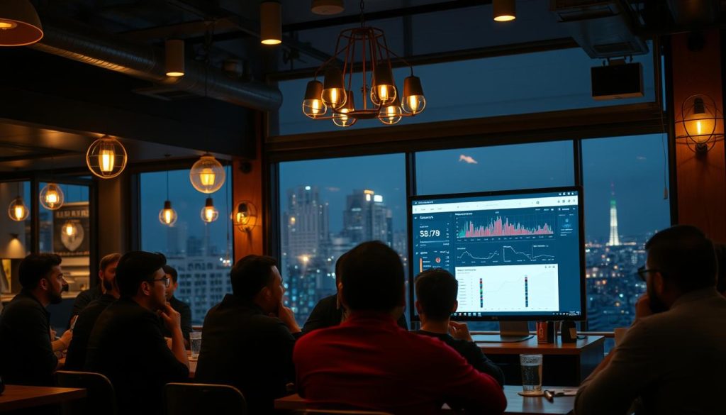 A bustling café interior, dimly lit with warm, ambient lighting. In the foreground, a group of Iranian tech professionals deeply engaged in discussion, their faces animated as they share their experiences with the Sentry application. The middle ground features a large, sleek desktop computer displaying the Sentry dashboard, showcasing its user-friendly interface and comprehensive analytics. In the background, the city skyline of Tehran can be seen through the café's large windows, hinting at the global connectivity enabled by this self-hosted software. The overall atmosphere conveys a sense of community, collaboration, and the empowerment of Iranian users as they navigate the challenges and opportunities of the digital landscape.