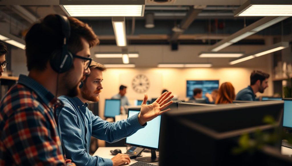 A bustling tech office with a team of focused developers collaborating on a computer screen. In the foreground, a person in a blue shirt gestures, explaining technical details to colleagues. Warm overhead lighting casts a gentle glow, while the background features desks, whiteboards, and other office accoutrements. An atmosphere of concentrated problem-solving pervades the scene, capturing the essence of technical support and the camaraderie of a skilled team working together to address complex challenges.