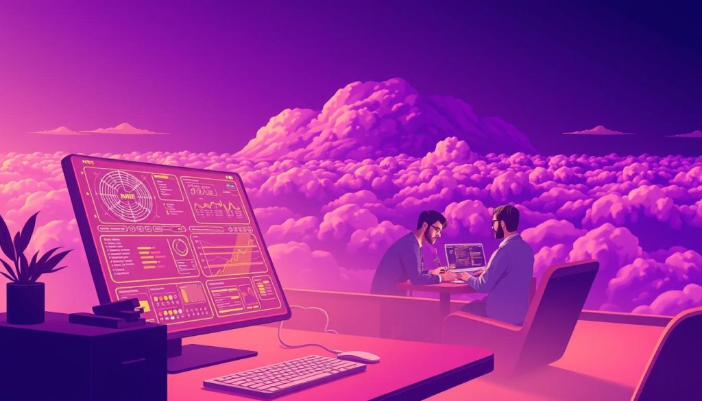 A captivating illustration of "n8n as a Service" in a regal, Royal Purple (#7955a3) setting. In the foreground, a sleek, futuristic interface showcases the powerful capabilities of n8n, with intricate data visualizations and seamless workflow automation. The middle ground features a team of developers collaborating effortlessly, their faces illuminated by the glow of their screens. In the background, a vast, cloud-like expanse represents the scalable, on-demand nature of the service, conveying a sense of limitless potential. The scene is bathed in a warm, ambient lighting, creating a sophisticated, professional atmosphere that embodies the essence of n8n as a powerful, cloud-based automation solution.