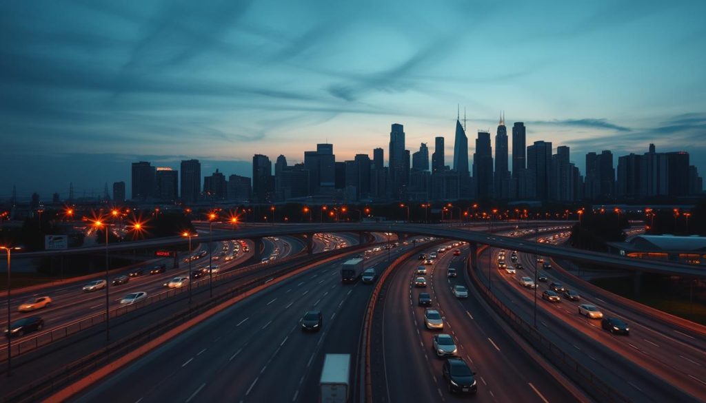 A city skyline at dusk, with a bustling highway interchange in the foreground. The roads are illuminated by warm streetlights, creating a dynamic play of light and shadow. In the distance, skyscrapers and office buildings rise, symbolizing the growth and development of the urban landscape. The composition emphasizes the flow of traffic, with cars and trucks navigating the complex system of on-ramps and off-ramps. The overall scene conveys the idea of efficient traffic management, with the highway infrastructure supporting the smooth movement of people and goods. A cinematic, high-contrast look is achieved through the use of dramatic lighting and a slightly hazy atmospheric effect.