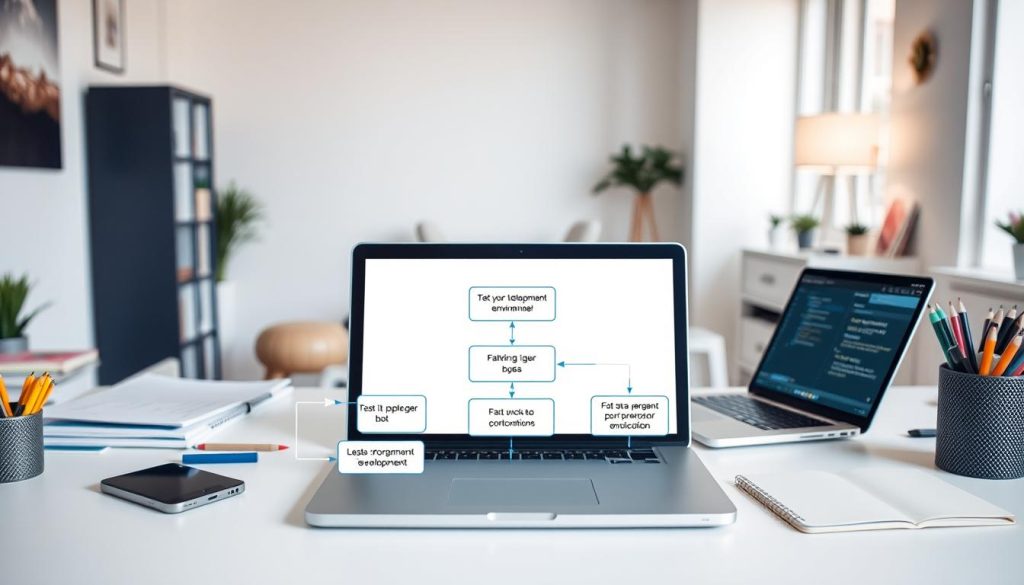 A clean, modern workspace with an open laptop, a smartphone, and various office supplies. In the foreground, a flowchart diagram illustrates the step-by-step process of creating a Telegram bot, from setting up the development environment to testing the final product. The middle ground features a developer's hands coding on the laptop, while the background showcases a minimalist, well-lit interior with neutral colors and simple decor, creating a calm, focused atmosphere conducive to productive programming.