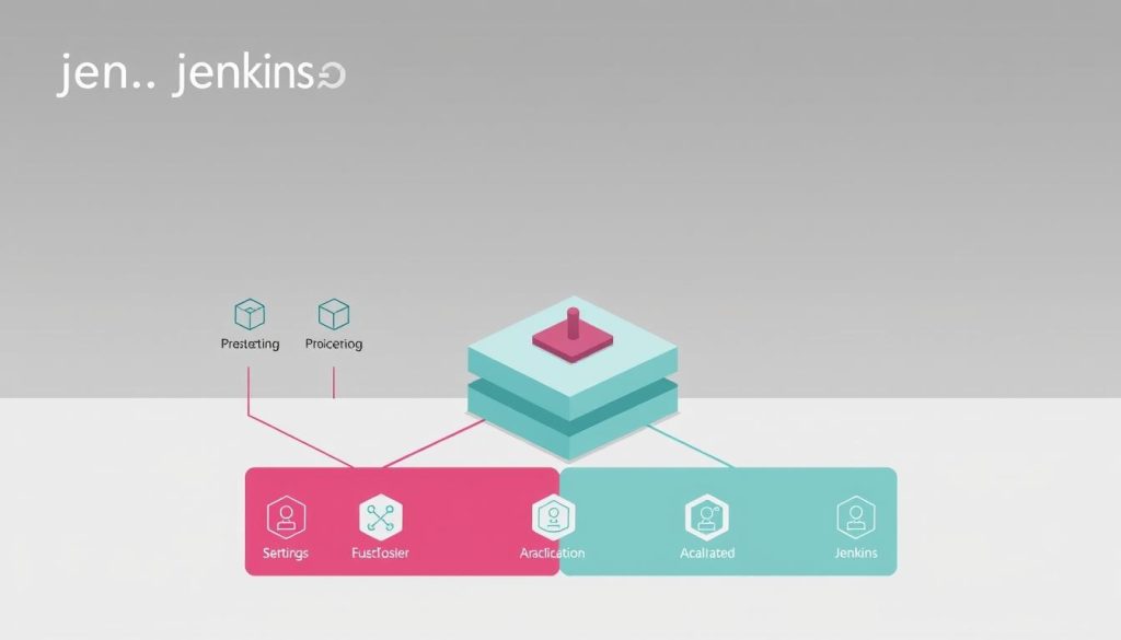 A clean, technical illustration of the core components of the Jenkins CI/CD platform. The image should depict the primary architectural elements in a stylized, diagrmatic manner, with clear delineation of the various modules and their interactions. Use a muted, professional color palette with a focus on geometric shapes and clean lines. Capture the modular, scalable nature of Jenkins through the visual composition. Optimal camera angle is a slightly elevated, isometric view to provide a comprehensive overview. Lighting should be soft and diffused to maintain a neutral, analytical mood. No distracting backgrounds or excessive details - the emphasis should be solely on the Jenkins system architecture.