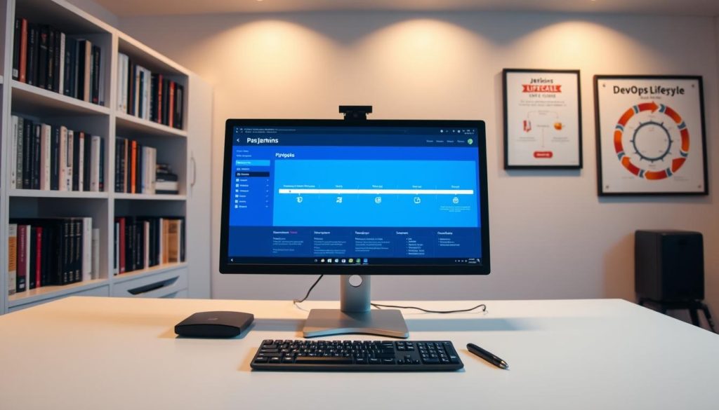 A clean, well-lit software development environment. In the foreground, a computer monitor displays the Jenkins dashboard, its sleek blue and white interface showcasing the pipeline stages. On the desk, a keyboard and mouse sit ready for user interaction. The background features a bookshelf filled with programming books and a framed poster of the DevOps lifecycle. Warm, indirect lighting creates a sense of focus and productivity. The scene conveys the power of Jenkins to streamline CI/CD processes, supporting the efficient, reliable delivery of software projects.