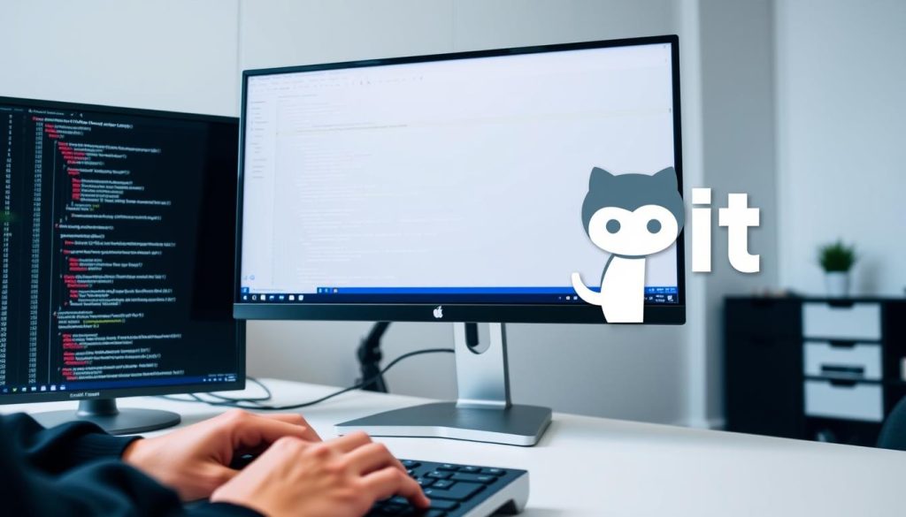 A clean, well-lit workspace with a modern desktop computer and a large monitor. On the screen, a Visual Studio Code window is open, displaying code snippets and Git commands. In the foreground, developer's hands are typing on the keyboard, while in the background, a stylized Git logo and the GitHub octocat icon are prominently displayed, symbolizing the integration of version control and cloud-based collaboration. The overall atmosphere conveys a sense of productivity, expertise, and technological savvy.