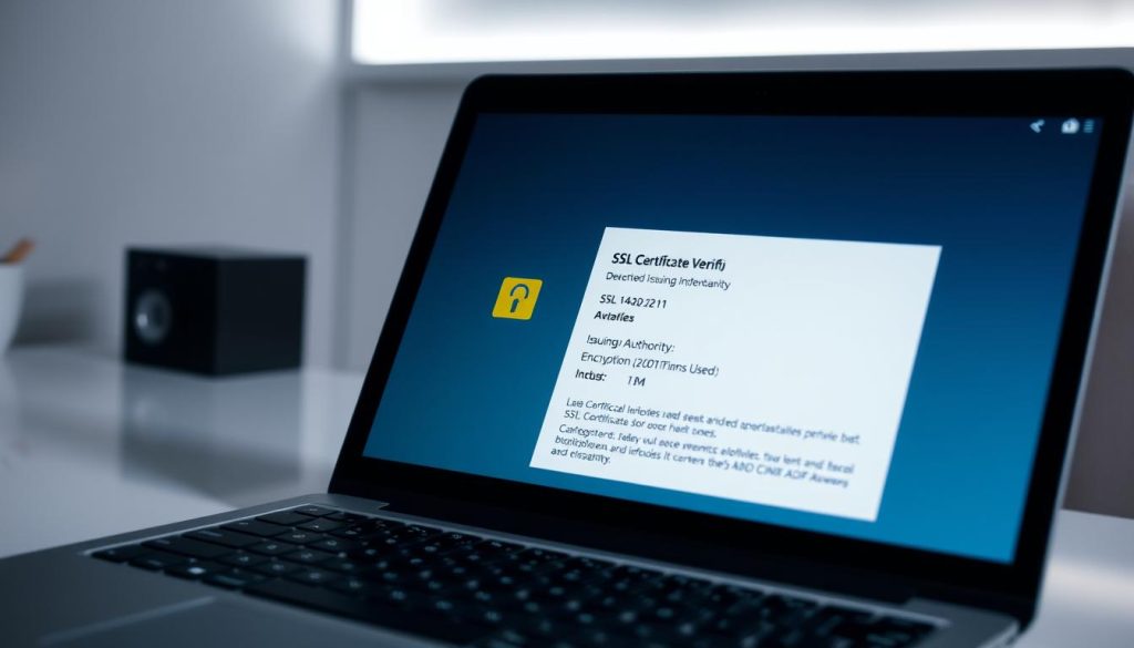 A close-up shot of a laptop screen displaying a SSL certificate verification process. The screen shows detailed information about the SSL certificate, including the issuing authority, validity period, and encryption algorithms used. The laptop is positioned on a clean, minimalist desk with subtle ambient lighting, creating a professional, technical atmosphere. The focus is on the SSL certificate details, conveying a sense of security, reliability, and attention to technical best practices.