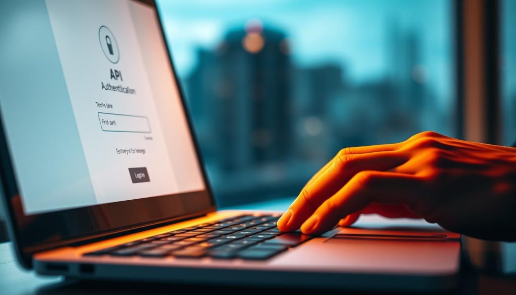 A close-up shot of a secure API authentication process, with a laptop screen displaying a login form and a hand typing on the keyboard. The scene is illuminated by warm, directional lighting, creating a sense of focus and importance. In the background, a blurred city skyline provides a subtle context, emphasizing the digital nature of the task. The composition should convey a sense of professionalism, attention to detail, and the importance of proper identity verification for API access.
