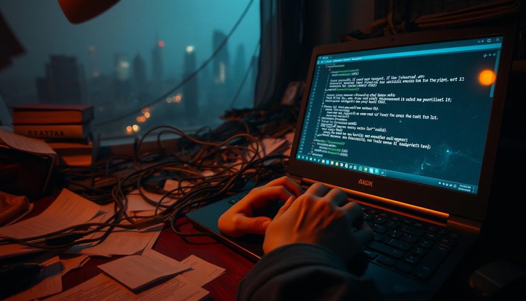 A cluttered and messy software development environment, with scattered papers, a broken laptop, and a frustrated developer. The scene is dimly lit, with a hazy, unsettling atmosphere. In the foreground, a glitching screen displays cryptic error messages, while the developer's hands grip the keyboard in frustration. The middle ground features a tangle of wires and cables, symbolic of the tangled, elusive nature of the problem. The background is a blurred, distorted cityscape, suggesting the wider context of the issue. The overall impression is one of confusion, complexity, and a sense of being trapped in a technological quagmire.