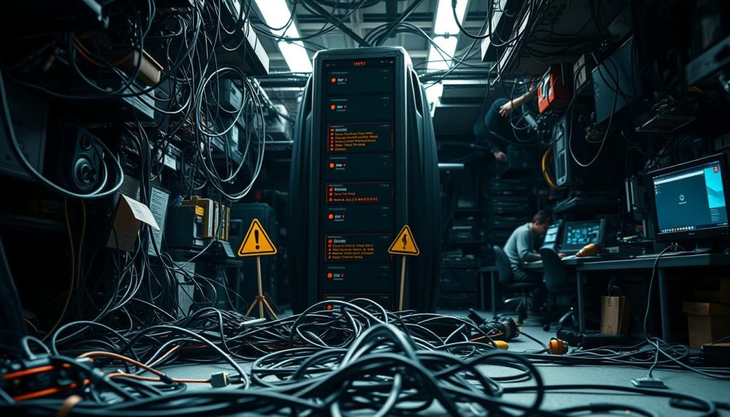 A cluttered, disorganized software development environment with various obstacles and challenges that lead to Jenkins build failures. In the foreground, a complex network of cables and wiring symbolizing the intricate infrastructure. In the middle ground, a towering, ominous-looking Jenkins server surrounded by warning signs and error messages. In the background, a blurred, chaotic scene of developers struggling to troubleshoot the issues. The lighting is harsh and dramatic, casting long shadows and creating a sense of tension and urgency. The overall mood is one of frustration and a desperate need for a solution to the persistent Jenkins build problems.