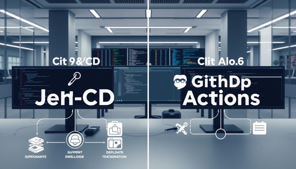 A comparative visual analysis of the CI/CD tools Jenkins and GitHub Actions, set against a backdrop of a modern software engineering workspace. In the foreground, elegant icons and diagrams illustrate the key features and capabilities of each platform, inviting the viewer to explore their nuances. The middle ground showcases a developer's workstation, with code editors, terminal windows, and deployment pipelines in action, conveying the real-world application of these tools. The background features a sleek, minimalist office environment, with clean lines, muted colors, and strategic lighting, creating a professional, technology-driven atmosphere. The overall composition aims to provide a comprehensive, visually engaging comparison of these essential DevOps utilities.