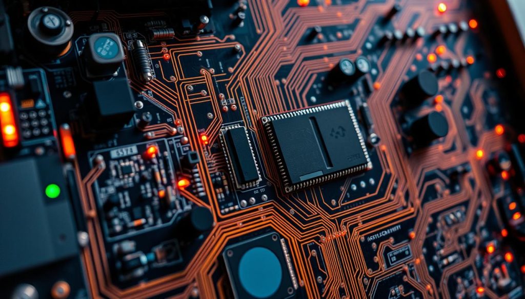 A complex circuit board with intricate electronic components, wires, and pathways, illuminated by a warm, technical glow. The board is viewed from a close, detailed angle, highlighting the intricacies of error control mechanisms and diagnostic systems. The image conveys a sense of precision, problem-solving, and the challenges of maintaining robust software infrastructure. The lighting is a mix of direct and ambient, creating depth and emphasizing the three-dimensional nature of the circuit. The overall mood is one of technical sophistication and the pursuit of solutions to complex issues.