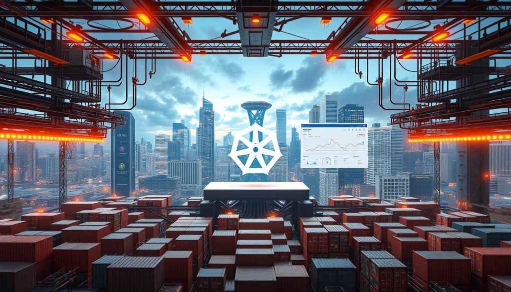A complex cloud infrastructure with a central Kubernetes platform as the focal point. In the foreground, a cluster of containers and microservices seamlessly integrated, showcasing the power of containerization. In the middle ground, a sleek dashboard displaying real-time metrics and orchestration controls, highlighting the ease of Kubernetes-as-a-Service management. The background features a vibrant cityscape with towering skyscrapers, symbolizing the enterprise-grade scalability and reliability of the Kubernetes-powered infrastructure. Warm lighting casts a subtle glow, creating a sense of modern sophistication. The overall scene conveys the efficiency, flexibility, and strategic advantage of leveraging Kubernetes as a service-oriented solution for provisioning robust and scalable infrastructure.
