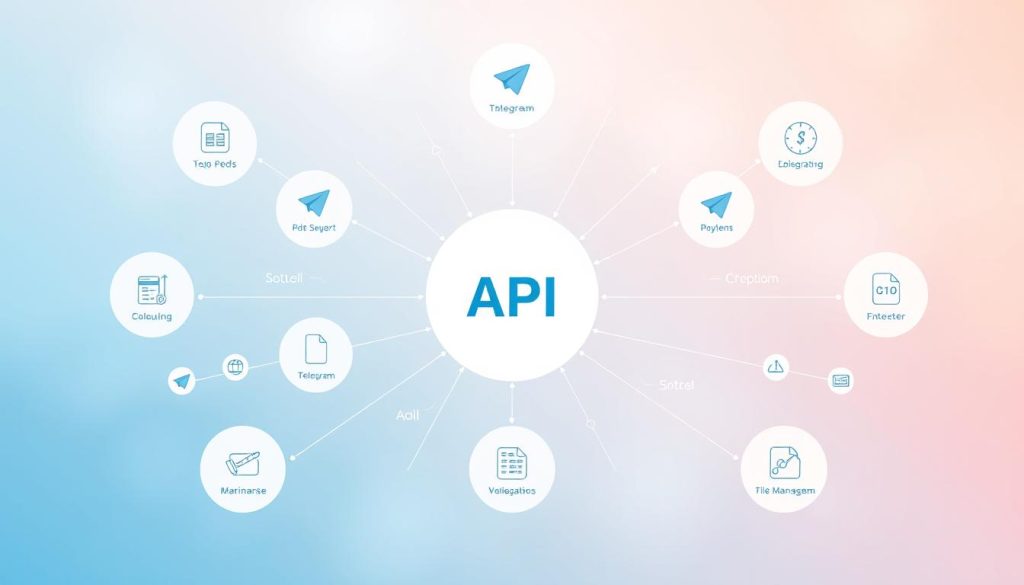 A complex, interconnected diagram depicting the various Telegram API services. In the foreground, a central hub showcases the core API functionality, surrounded by satellite icons representing different service tiers - from basic messaging to advanced features like bots, payments, and file management. The middle ground features clean, minimal iconography and infographic-style visualizations, highlighting the integration points and data flows between the services. The background is bathed in a soft, soothing gradient, conveying the technical sophistication and reliability of the Telegram ecosystem. The overall composition strikes a balance between visual clarity and technical depth, serving as a comprehensive illustration of the Telegram API landscape.