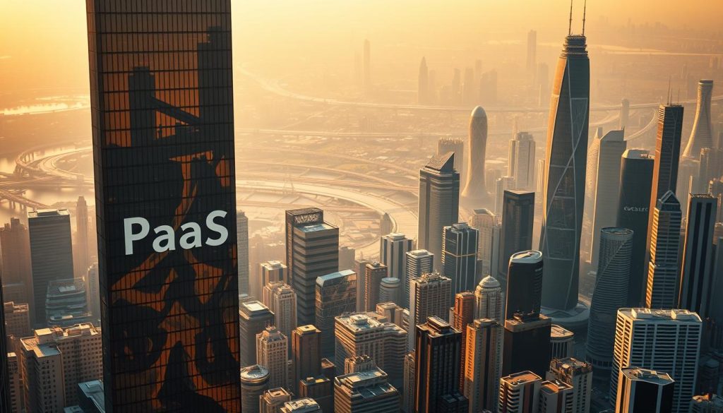 A complex, multi-layered cityscape depicting the evolution of software development. In the foreground, a sleek, modern high-rise emblazoned with the &quot;PaaS&quot; logo, its glass façade reflecting the surrounding cityscape. In the middle ground, clusters of smaller buildings represent the transition from traditional software architecture to cloud-based Platform as a Service models. The background features a hazy, futuristic skyline, with towering skyscrapers and gleaming transport systems, symbolizing the rapid technological advancements transforming the software industry. The scene is bathed in a warm, golden glow, conveying a sense of progress and innovation. Dramatic, cinematic lighting casts long shadows, adding depth and drama to the composition. The overall mood is one of dynamism, progress, and the seamless integration of software and infrastructure.