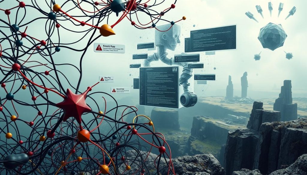 A complex software architecture depicted in a surreal, disjointed manner. In the foreground, a tangled web of N8N nodes and connections, each node a unique abstract form in vibrant, clashing colors. The middle ground features a distorted, glitchy interface, with error messages and warning signs floating ominously. The background is a hazy, dreamlike landscape, with warped, unnatural shapes hinting at the underlying technical issues. The overall scene conveys a sense of frustration, disarray, and the need to unravel the source of the problem. Dramatic lighting, with harsh shadows and highlights, creates a moody, unsettling atmosphere. The image should evoke the challenges of troubleshooting complex software integration issues.