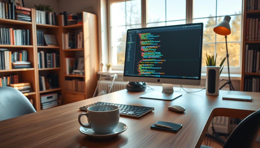 A cozy, well-lit home office with a large, modern desk and a sleek, minimalist computer setup. The desk is adorned with a keyboard, mouse, and a high-resolution display showcasing a vibrant code editor in full-screen mode. Surrounding the desk are bookshelves filled with programming references and technical manuals, hinting at the user's passion for coding. The room is bathed in warm, natural lighting from large windows, creating a serene and productive atmosphere. In the foreground, a cup of steaming coffee or tea sits next to the computer, suggesting a focused and engaged coding session. The overall scene conveys the convenience and comfort of online coding, making it an attractive and accessible option for the modern programmer.