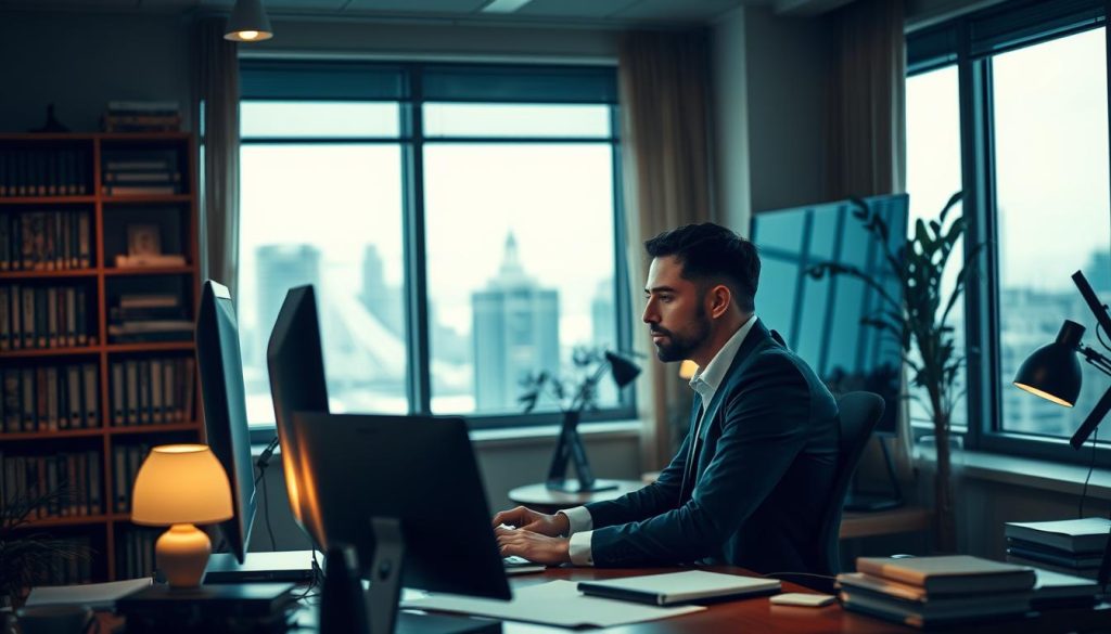 A cozy, well-lit office setting with a professional database consultant seated at a desk, intently focused on a computer screen. The middle ground features a bookshelf stocked with technical manuals and reference materials, conveying a sense of expertise. The background showcases a cityscape through a large window, hinting at the consultant's ability to provide practical, real-world solutions. The overall mood is one of thoughtful concentration and problem-solving, reflecting the specialized nature of database management and troubleshooting. Subtle lighting from desk lamps and ambient sources creates a warm, inviting atmosphere conducive to in-depth consultation.
