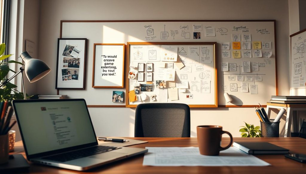 A cozy workspace with an open laptop, desk organizers, and a cup of coffee in the foreground. In the middle ground, a framed inspirational quote and a mood board with sticky notes, sketches, and photos. The background features a large whiteboard with diagrams and flowcharts, representing the collaborative and analytical nature of N8N user experiences. Warm, natural lighting illuminates the scene, creating a productive and inviting atmosphere.