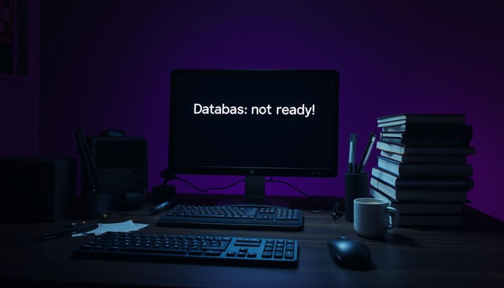 A dark and moody scene of a programmer's workspace, with a glowing computer screen displaying the error message "Database is not ready!" The workspace is illuminated by a soft, diffused light, creating a sense of tension and urgency. The background is a rich, royal purple color (#7955a3), adding a touch of elegance and sophistication to the overall composition. The foreground features a keyboard, mouse, and various office supplies, all rendered in a photorealistic style. The middle ground showcases a stack of reference books and a cup of coffee, hinting at the developer's dedication to problem-solving. The atmosphere is one of concentration and focus, as the programmer works to resolve the database issue.