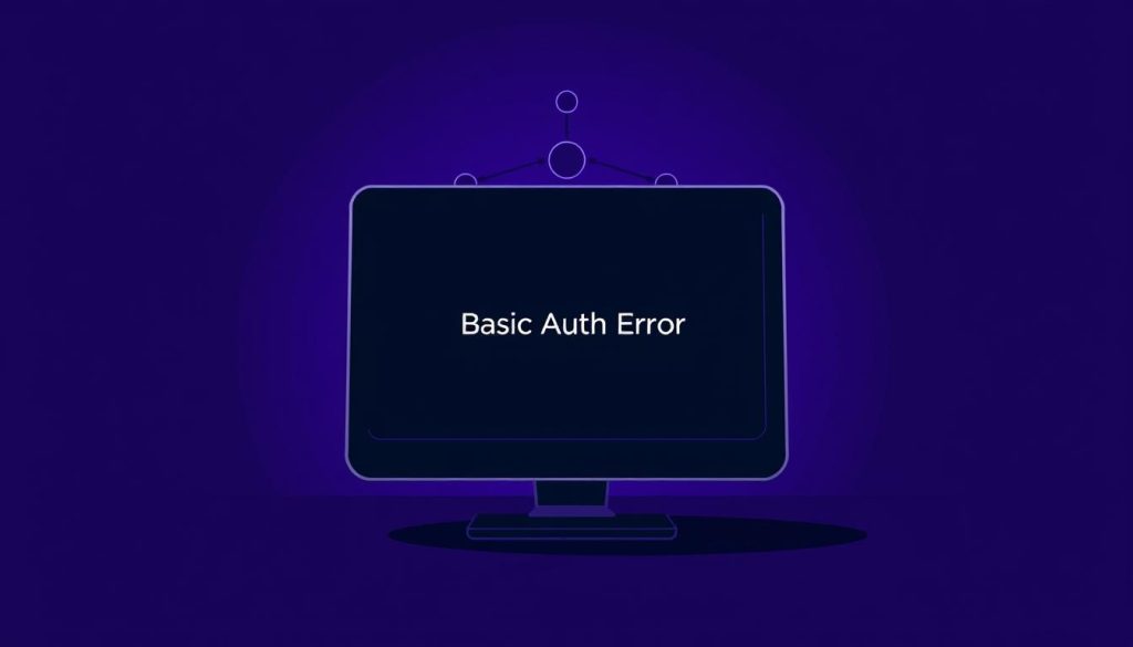 A dark, minimalist illustration showcasing a simple error message against a royal purple (#7955a3) backdrop. In the foreground, a sleek, futuristic-looking computer terminal displays the "Basic Auth Error" in a clean, monospaced font. The middle ground features a stylized network diagram, suggesting the technical nature of the issue. The background is shrouded in shadow, creating a sense of unease and the need for a solution. The overall composition conveys the frustration and confusion experienced when encountering this specific error in the n8n workflow automation platform.
