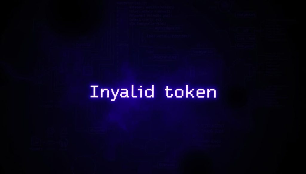 A dark, moody scene depicting a complex software error message, "عیب‌یابی Invalid token", rendered in a bold, glitchy font against a backdrop of a tangled web of code and circuit diagrams. The foreground is bathed in a deep, royal purple (#7955a3) glow, casting dramatic shadows and highlights across the scene. The middle ground features a maze of twisted wires, circuit boards, and cryptic debugging symbols, while the background is shrouded in a hazy, technical atmosphere. The overall composition conveys a sense of frustration, complexity, and the challenge of troubleshooting a perplexing software issue.