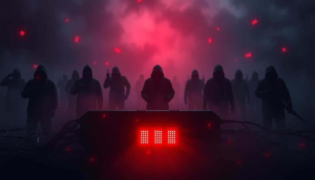 A dark, ominous Kubernetes cluster surrounded by looming cybersecurity threats. In the foreground, a network firewall with glowing red indicators, symbolizing the vulnerabilities in the cluster's security. In the middle ground, various Kubernetes resources like pods and services, each representing a potential attack surface. The background is hazy and foreboding, with silhouettes of hackers and malicious actors lurking in the shadows. Dramatic lighting casts an eerie glow, heightening the sense of impending danger. The overall atmosphere is one of unease and the urgent need to address the security challenges facing this Kubernetes environment.