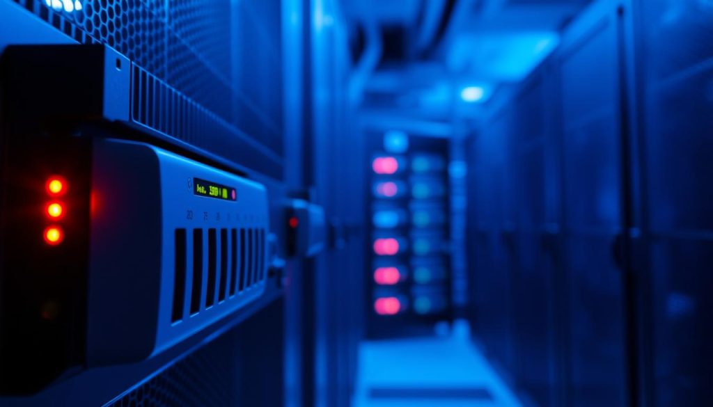 A data center server room with a prominent firewall device in the foreground, its security lights blinking. In the middle ground, a PostgreSQL database server stands out, its status indicators glowing softly. The background is slightly blurred, depicting the overall network infrastructure. The scene is illuminated by a cool, bluish lighting scheme, creating a sense of technical sophistication and security. The composition emphasizes the interplay between the firewall's protective role and the PostgreSQL server's potential connection issues, hinting at the subject of the article.