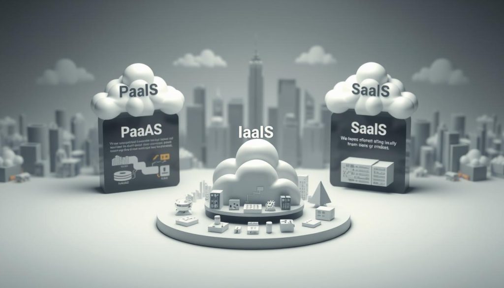 A detailed 3D illustration depicting the comparison of PaaS, IaaS, and SaaS architectures. The foreground showcases a central PaaS platform with various cloud-based services and applications. The middle ground contrasts the IaaS and SaaS models, illustrating their differences in terms of infrastructure, software, and user control. The background features a cityscape with skyscrapers and clouds, representing the broader cloud computing ecosystem. The lighting is soft and diffused, creating a clean, professional atmosphere. The camera angle is slightly elevated, providing an overview of the entire scene. The color palette is muted and elegant, emphasizing the technical nature of the subject matter.
