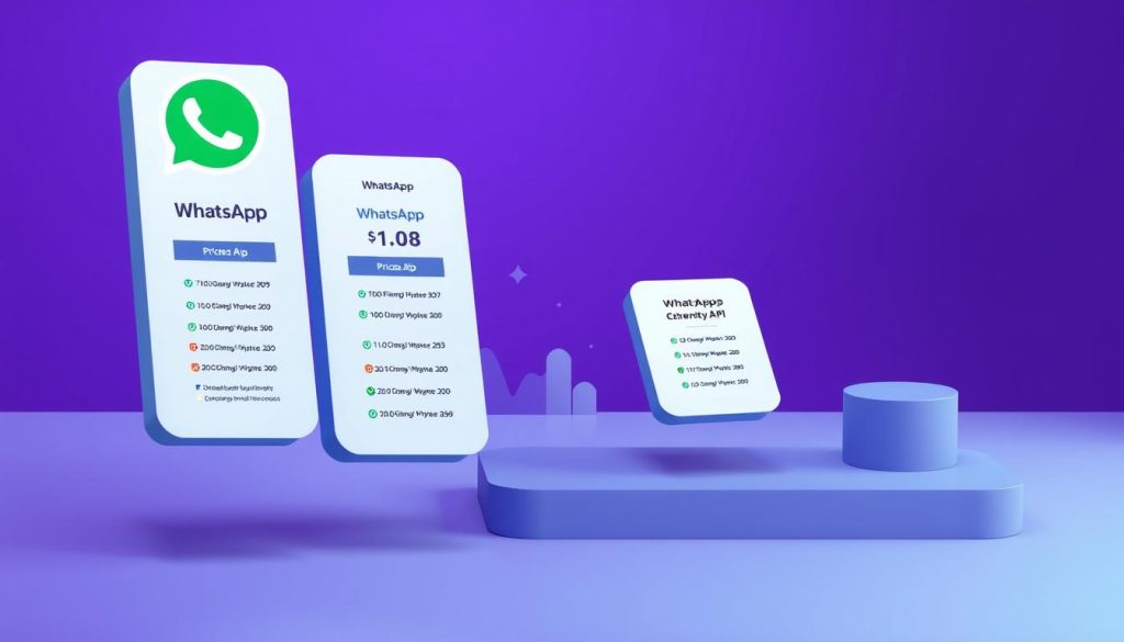 A detailed and visually striking illustration of the WhatsApp API pricing and plan options. Set against a regal Royal Purple (#7955a3) background, the image showcases a clean, minimalist layout with a sharp focus on the key pricing details. The foreground features a series of sleek, floating pricing tables with clear, legible information, while the middle ground introduces subtle, abstract data visualizations to convey the comparative costs. The overall mood is one of professionalism, clarity, and high-end design, perfectly suited to accompany the detailed article on WhatsApp API services.