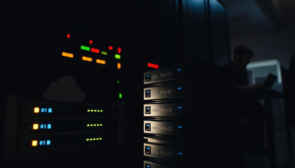 A detailed close-up view of a MySQL database server, with a strong emphasis on the importance of backups. The server is depicted in a dimly lit, moody environment, casting dramatic shadows across the scene. In the foreground, a stack of backup storage devices, including external hard drives and cloud storage icons, are prominently displayed, suggesting the critical nature of data protection. The middle ground showcases the server hardware, with its blinking lights and cooling fans, conveying a sense of the dynamic, mission-critical nature of the database. In the background, a faint silhouette of a person working at a computer, underscoring the human dependency on the reliable functioning of the MySQL server. The overall atmosphere is one of seriousness, responsibility, and the importance of proactive data management.