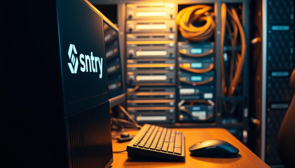 A detailed close-up view of a personal self-hosted Sentry server setup. The foreground shows a modern desktop computer with a sleek black chassis, displaying the Sentry logo prominently on the front panel. The middle ground features an ergonomic keyboard and mouse, neatly arranged on a minimalist desk setup. The background showcases a well-organized server rack, with cables meticulously routed and multiple network switches and storage devices visible, conveying a sense of professionalism and technical sophistication. Warm lighting illuminates the scene, creating a cozy and inviting atmosphere for the Sentry administration interface. The overall composition emphasizes the personal, hands-on nature of managing a self-hosted Sentry deployment.