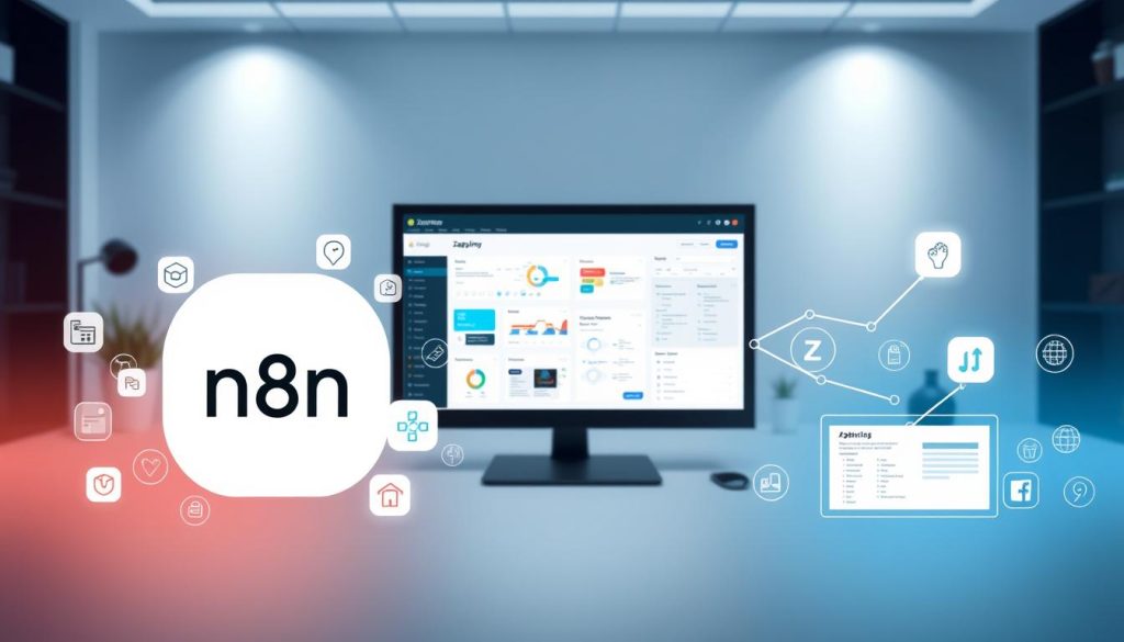 A detailed comparison of the n8n and Zapier automation platforms. In the foreground, sleek and modern icons representing the two tools, surrounded by a dynamic array of data visualizations, flow charts, and UI elements. In the middle ground, a side-by-side display showcasing their distinct features, functionalities and user interfaces. The background depicts a minimalist workspace setting, with subtle gradient textures and lighting that convey a sense of professionalism and technological prowess. The overall mood is one of analytical clarity, inviting the viewer to closely examine the nuances that differentiate these powerful workflow automation solutions.