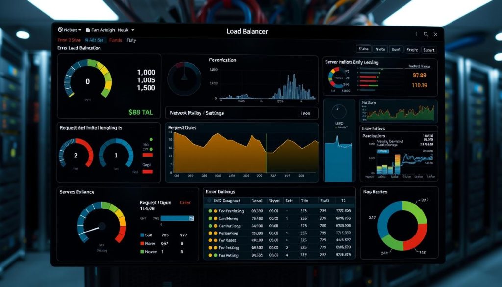 A detailed dashboard display showcasing the error metrics and performance indicators of a load balancer system. In the foreground, various gauges, charts, and visualizations present critical data points such as request queue length, server health status, and network latency. The middle ground features an intuitive user interface with interactive controls to drill down into specific load balancer nodes and settings. The background subtly depicts a data center environment, with server racks and cabling visible, setting the technical context. The overall mood is one of troubleshooting and analysis, conveying the importance of monitoring load balancer health to identify and resolve operational issues.