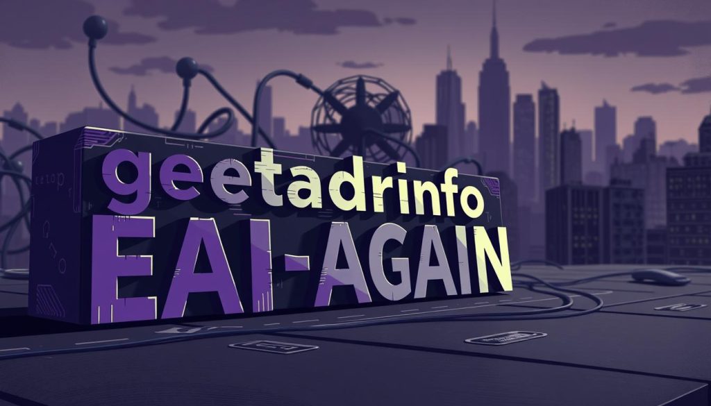 A detailed digital illustration depicting a complex computer error message. The foreground showcases a three-dimensional representation of the error text "getaddrinfo EAI_AGAIN" in a Royal Purple (#7955a3) font, with a distressed, glitchy effect to convey the technical nature of the issue. The middle ground features a stylized network diagram, with tangled cables and nodes symbolizing the underlying connectivity problems. The background depicts a moody, desaturated cityscape, hinting at the broader system infrastructure where the error may have occurred. Dramatic lighting and a slightly tilted camera angle add depth and a sense of unease to the overall composition, reflecting the frustration and troubleshooting required to resolve the n8n error.