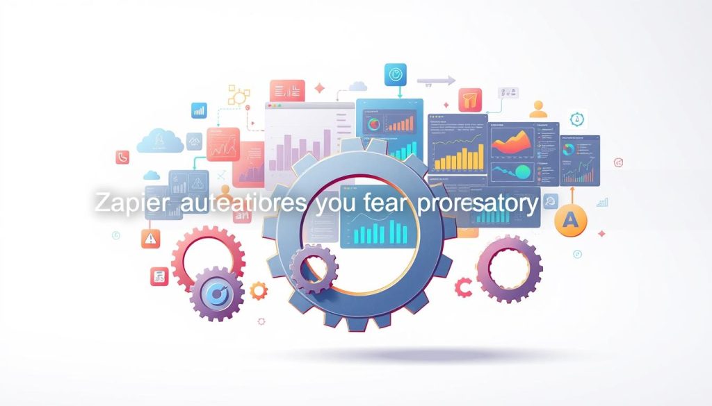 A detailed, dynamic illustration depicting the advantages of using Zapier for automation. Set against a clean, minimalist background, the foreground features a series of interlocking gear-like icons symbolizing various automated workflows and integrations. The middle ground showcases vibrant, colorful data visualizations, charts, and dashboards, highlighting the insights and efficiencies enabled by Zapier. The background subtly implies a sense of technological progress and advancement. The lighting is soft and diffuse, creating a professional, polished aesthetic. The overall composition conveys the power, flexibility, and business value of Zapier's automation capabilities.