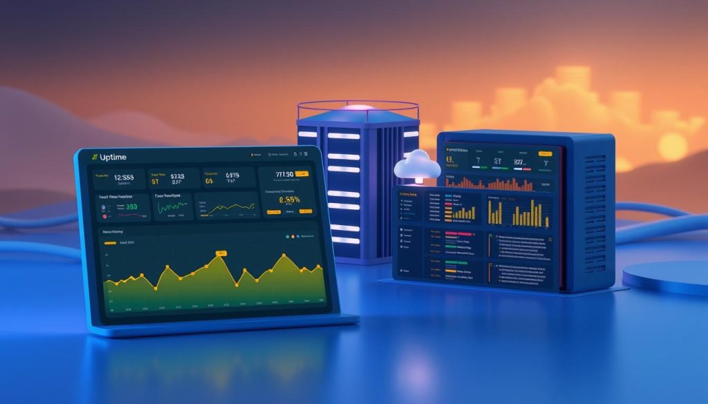 A detailed, feature-rich 3D illustration of the key attributes of the Uptime service. The foreground showcases a sleek, modern dashboard interface with real-time monitoring graphs, uptime statistics, and alert notifications. The middle ground depicts a cluster of interconnected servers and cloud infrastructure, symbolizing Uptime's robust backend systems. The background features a serene, minimalist landscape with glowing architectural elements, conveying a sense of reliability, stability, and high availability. The lighting is soft, diffused, and slightly moody, creating depth and atmosphere. The overall composition and color palette evoke a professional, enterprise-grade software product.