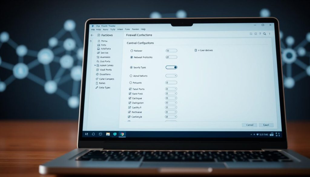A detailed firewall configuration interface with various options and settings displayed on a laptop screen. The foreground shows the firewall options panel with toggles, sliders, and dropdown menus for controlling network protocols, ports, and security rules. The middle ground depicts the laptop in a minimalist, technology-focused environment with subtle lighting and depth of field. The background features a subtle gradient or blurred network diagram to set the technical context. The overall atmosphere is one of precision, control, and problem-solving, reflecting the task of troubleshooting a Confluence issue by examining the firewall settings.