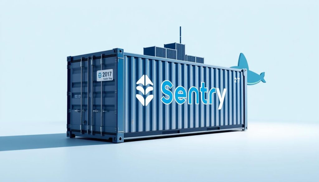 A detailed, high-resolution image of a Docker container with a prominent Sentry logo and sensor icons, set against a clean, minimalist background. The container is rendered in a sleek, modern style with precise, technical details. Bright, directional lighting casts subtle shadows, emphasizing the container's form and the sensor components. The composition is balanced, with the Docker container occupying the central focus, surrounded by supporting sensor elements. The overall mood is one of technological precision and sophistication, reflecting the integration of Sentry monitoring within the Docker ecosystem.