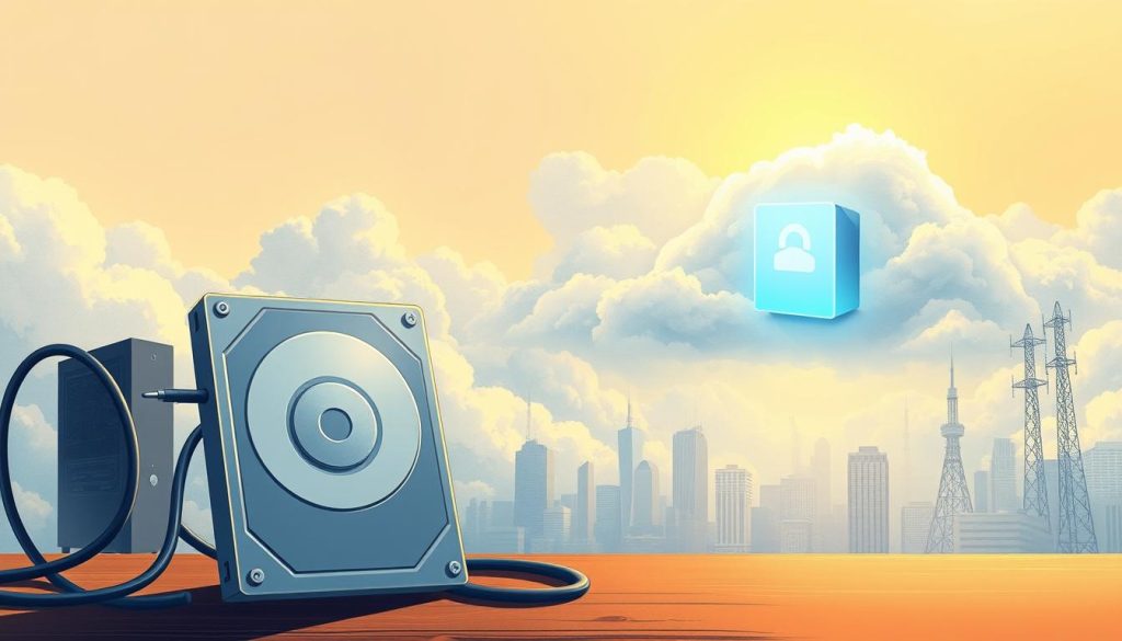 A detailed illustration depicting the contrast between local backup and cloud storage. In the foreground, a local hard drive stands solemnly, with cables and a computer tower in the background. In the middle ground, clouds part to reveal a sleek, minimalist cloud storage server, emitting a soft, ethereal glow. The background showcases a cityscape, with skyscrapers and communication towers, symbolizing the interconnected, global nature of cloud-based services. The scene is lit by a warm, golden light, creating a sense of reliability and security. The composition emphasizes the transition from the physical, tangible nature of local backup to the boundless, intangible realm of cloud storage, reflecting the central theme of the article.