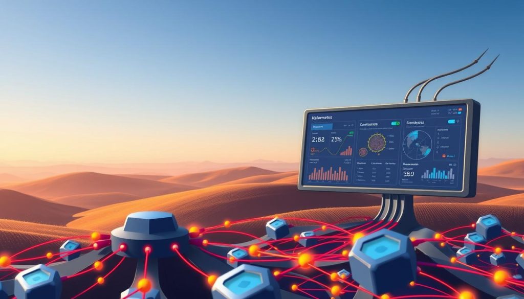 A detailed illustration of Kubernetes network management. In the foreground, a Kubernetes cluster with pods and services, their network traffic visualized as colorful data flows. In the middle ground, a control panel displaying bandwidth monitoring metrics and optimization tools. In the background, a serene landscape of rolling hills and a cloudless sky, conveying the calm and efficiency of the Kubernetes network. The scene is lit by warm, directional lighting, creating depth and highlighting the technical details. The overall mood is one of orchestrated harmony, where network resources are intelligently managed for optimal performance.