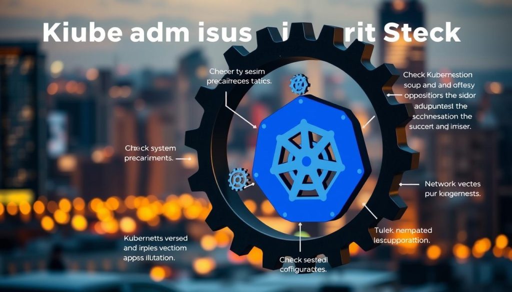A detailed illustration of alternative solutions to resolve the kubeadm init stuck issue. In the foreground, a large gear mechanism symbolizes the technical complexities involved. In the middle ground, a series of interconnected gears and cogs represent the various troubleshooting steps, such as checking system prerequisites, network configurations, and Kubernetes component versions. The background features a blurred cityscape, conveying the broader context of Kubernetes deployment in an enterprise environment. The scene is lit by warm, diffused lighting, creating a contemplative mood as the viewer considers the practical remedies to this common Kubernetes setup challenge.