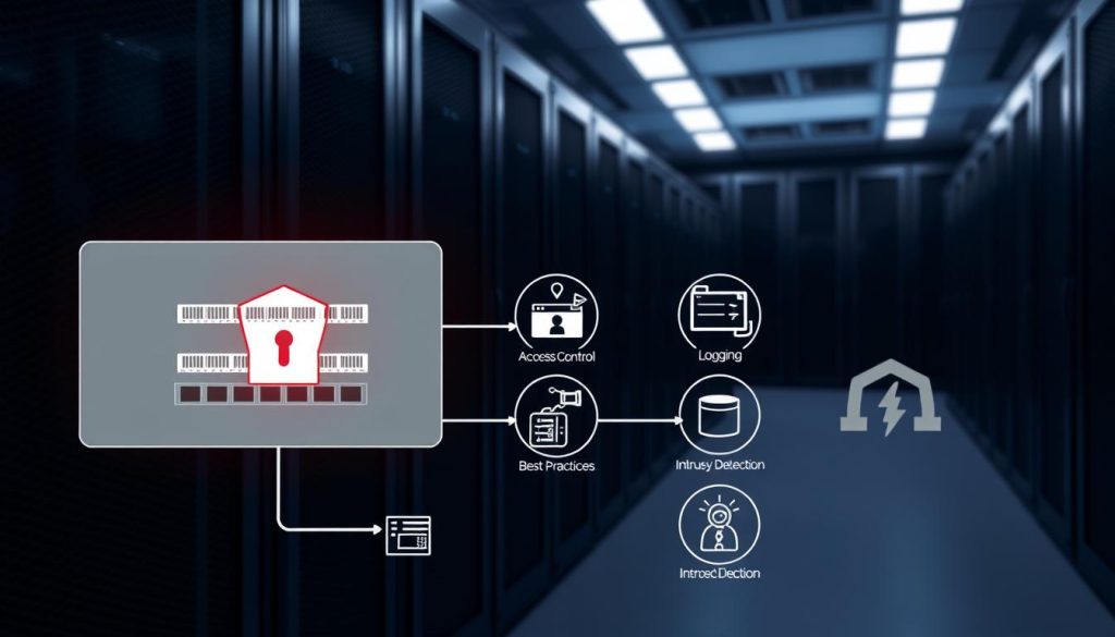 A detailed illustration of security considerations for UFW (Uncomplicated Firewall) in a Linux environment. In the foreground, a secure network firewall diagram with various ports and protocols symbolizing the protective layers. In the middle ground, icons representing cybersecurity best practices such as access control, logging, and intrusion detection. In the background, a dimly lit server room with racks of equipment, suggesting the importance of a well-configured firewall to safeguard the infrastructure. The scene conveys a sense of technical sophistication and the need for comprehensive security measures when deploying UFW.