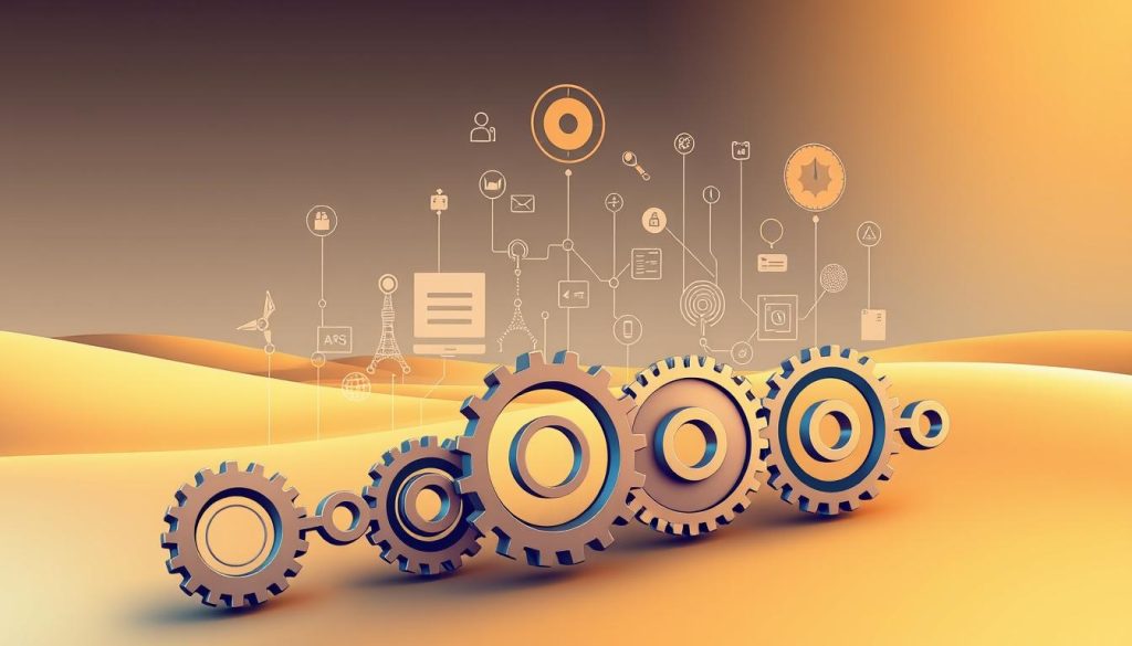 A detailed illustration of software integration, showcasing the seamless merger of various tools and technologies. A sleek, modern design with clean lines and a minimalist aesthetic. In the foreground, a series of interlocking gears and cogs, representing the interconnected nature of the integrated systems. The middle ground features abstract shapes and symbols, hinting at the complex data flows and interactions between the different components. The background is a smooth, gradient-based landscape, creating a sense of depth and emphasizing the integrated nature of the whole. Warm, muted colors evoke a sense of harmony and cohesion, while strategic lighting and camera angles highlight the technical precision and elegance of the integration process.