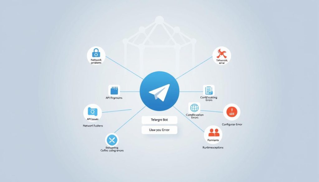 A detailed illustration of the common error causes in Telegram Bot development. A sophisticated technical diagram showcasing various interconnected elements, rendered in a clean, minimalist style with a focus on simplicity and clarity. The foreground depicts a central Telegram Bot icon surrounded by smaller icons representing common error sources such as API issues, network problems, configuration errors, and runtime exceptions. The middle ground features a grid-like layout highlighting the relationships and dependencies between these error factors. The background presents a subtle, almost architectural framework symbolizing the complex infrastructure underlying a Telegram Bot. Soft, neutral lighting and a muted color palette convey a sense of professionalism and authority, making this image a valuable asset for the article on Telegram Bot error handling.