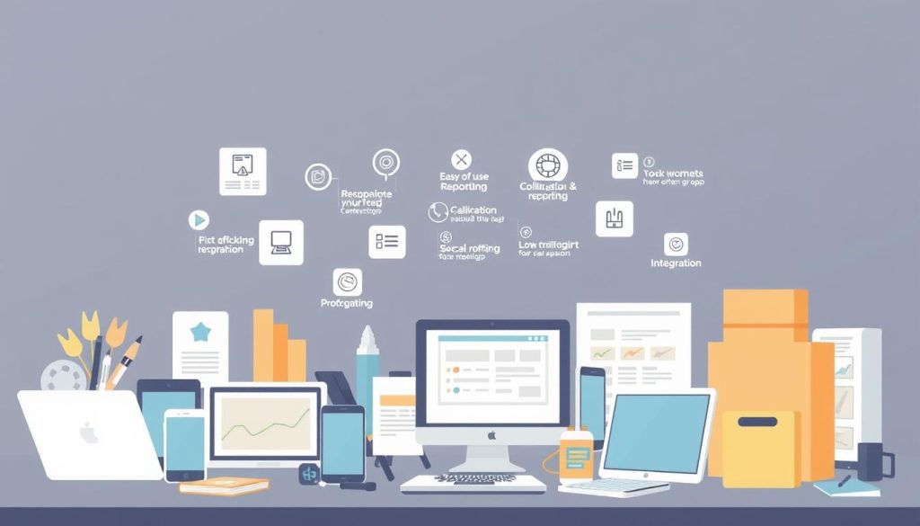 A detailed illustration of the criteria for selecting a task management tool for a team. In the foreground, an array of various digital devices and tools such as laptops, smartphones, and productivity apps, symbolizing the range of options available. In the middle ground, a series of evaluation criteria displayed as floating icons or infographic elements, including features like ease of use, collaboration, reporting, and integration. The background should convey a professional, corporate atmosphere with clean lines, muted colors, and a sense of organization and efficiency. The overall mood should be informative, analytical, and tailored to the needs of a team managing their tasks effectively.