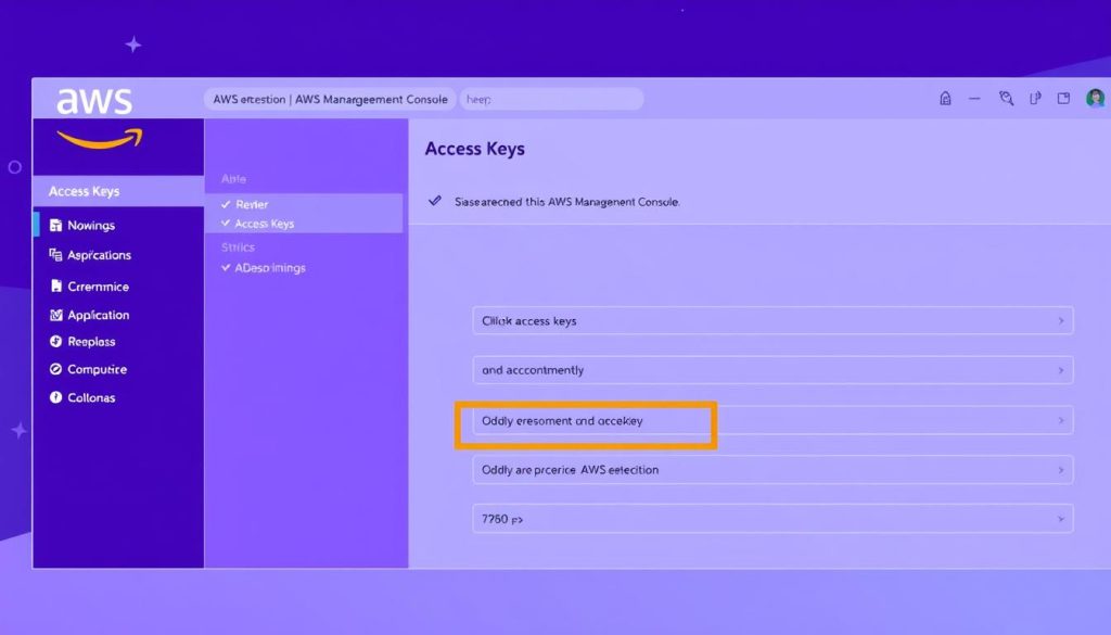 A detailed illustration showcasing the AWS Management Console, with a focus on the &quot;Access Keys&quot; section. The scene depicts a sleek, modern interface with a royal purple (hex code #7955a3) color scheme, highlighting the various fields and options related to managing access keys. The layout is clean and organized, allowing the viewer to easily understand the process of reviewing and updating these security credentials. The overall atmosphere conveys a sense of professionalism and attention to detail, suitable for an article on resolving AWS authentication issues.